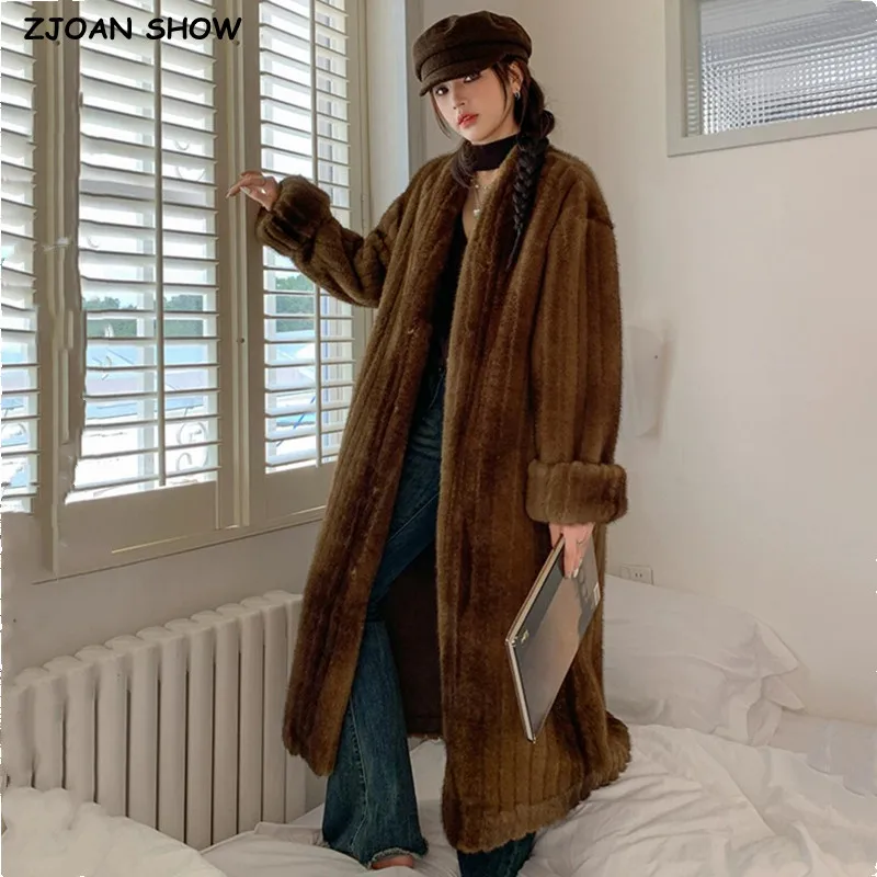 2023 Winter Vintage Brown Embossing Striped Line Faux Fur Coat CHIC Women V neck Full Sleeve Loose Warm Maxi Long Jacket Coat