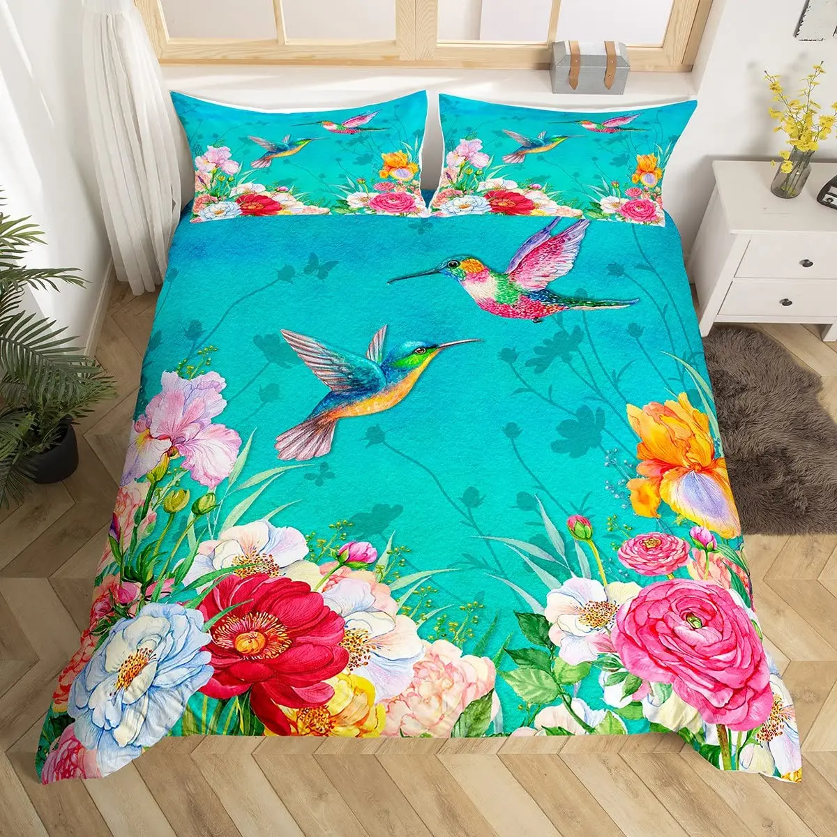 Hummingbird Bedding Set Luxury Floral Birds Duvet Cover Watercolor Nature Flower Scenery Comforter Cover Polyester Quilt Cover