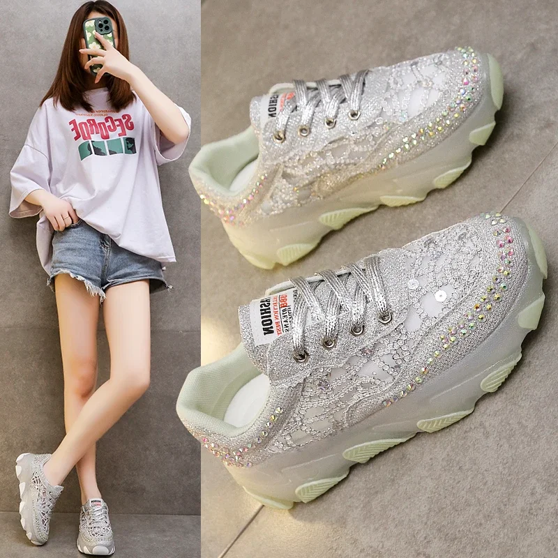 

Women's Casual Shoes Lace-up Rhinestones Mesh Upper Women's Sports Shoes Leisure Platform Sole Breathable Zapatillas De Mujer