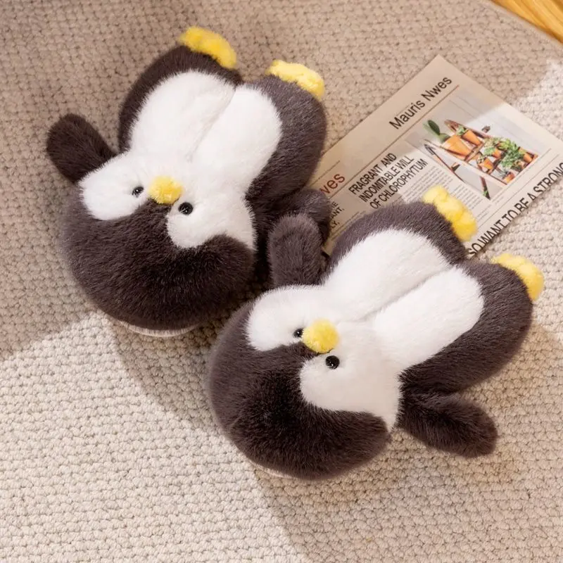 Lovely cartoon penguin slippers woman home keep warm shoes winter womens animal fur slides fluffy indoor slipper lady room scuff