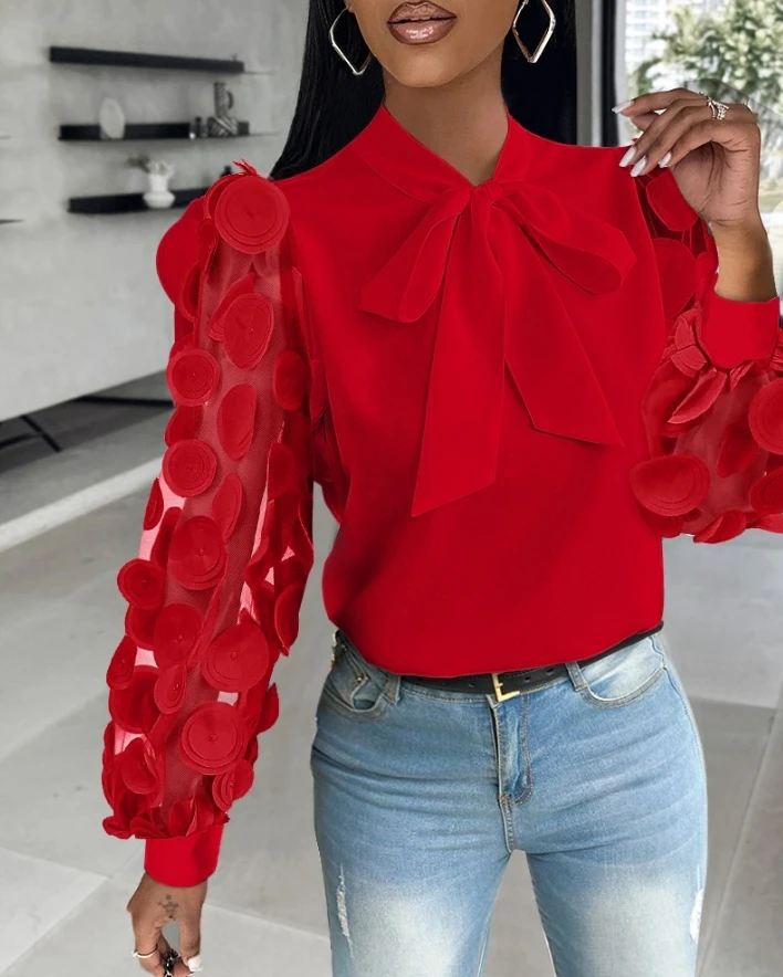 

Red Tie Collar Fashionable Top with Floral Pattern Decoration Transparent Mesh Patch Splicing Lantern Sleeves Women's Clothing