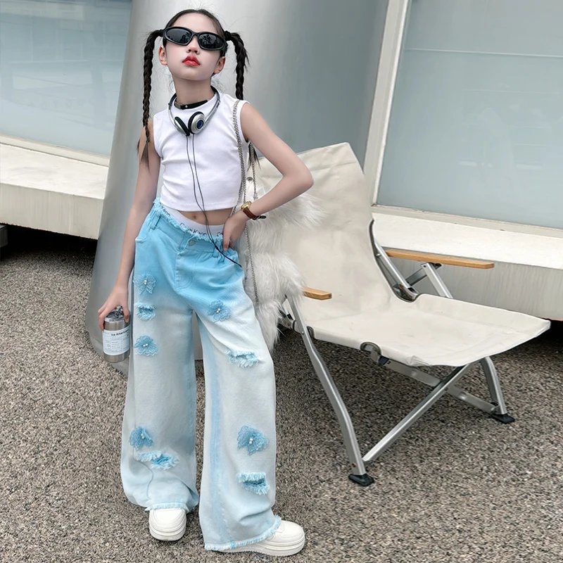 fashion 4 10 12  junior Girls 3D Butterfly Gradient hole Wide legs Jeans children floor pants kids pants cotton Sleeveless tops