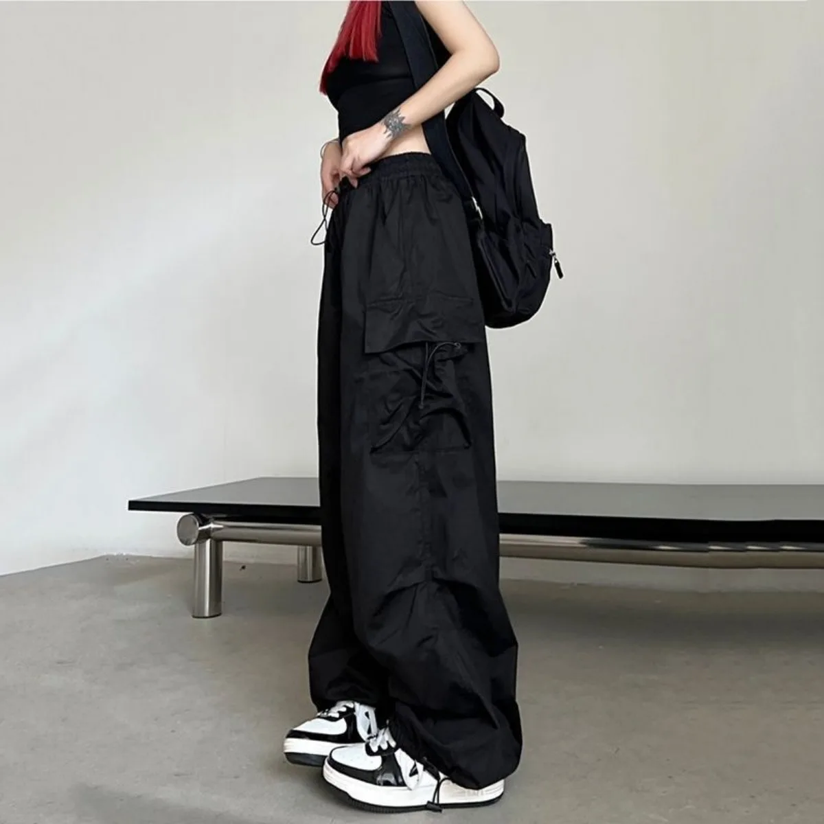Girls' Harajuku Streetwear Fashion Straight-leg Pants Black Cool Multi-pocket High Waist Versatile Drape Loose Wide-leg Trousers