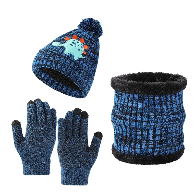 1-5Y Winter Thick Velve Warm Children Baby Knit Gloves Hat Scarf 3pcs Suit Outdoor Windproof Kids Muffler Cap Set for Boy Girl