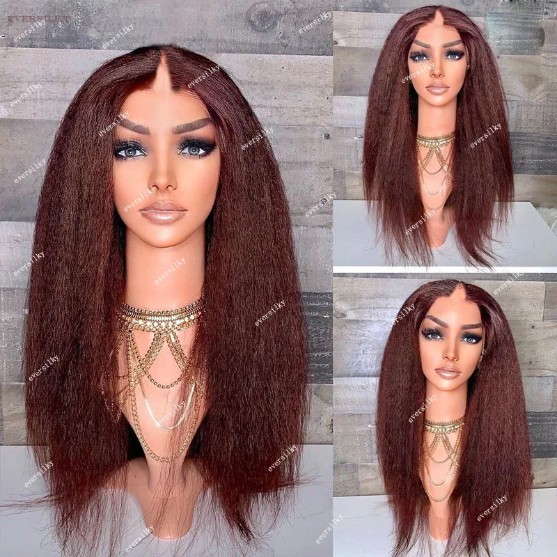 

Reddish Brown Kinky Straight V Part Wig 100% Human Hair Unprocessed Dark Dark Auburn Copper Burgundy Yaki Straight Full U Shape