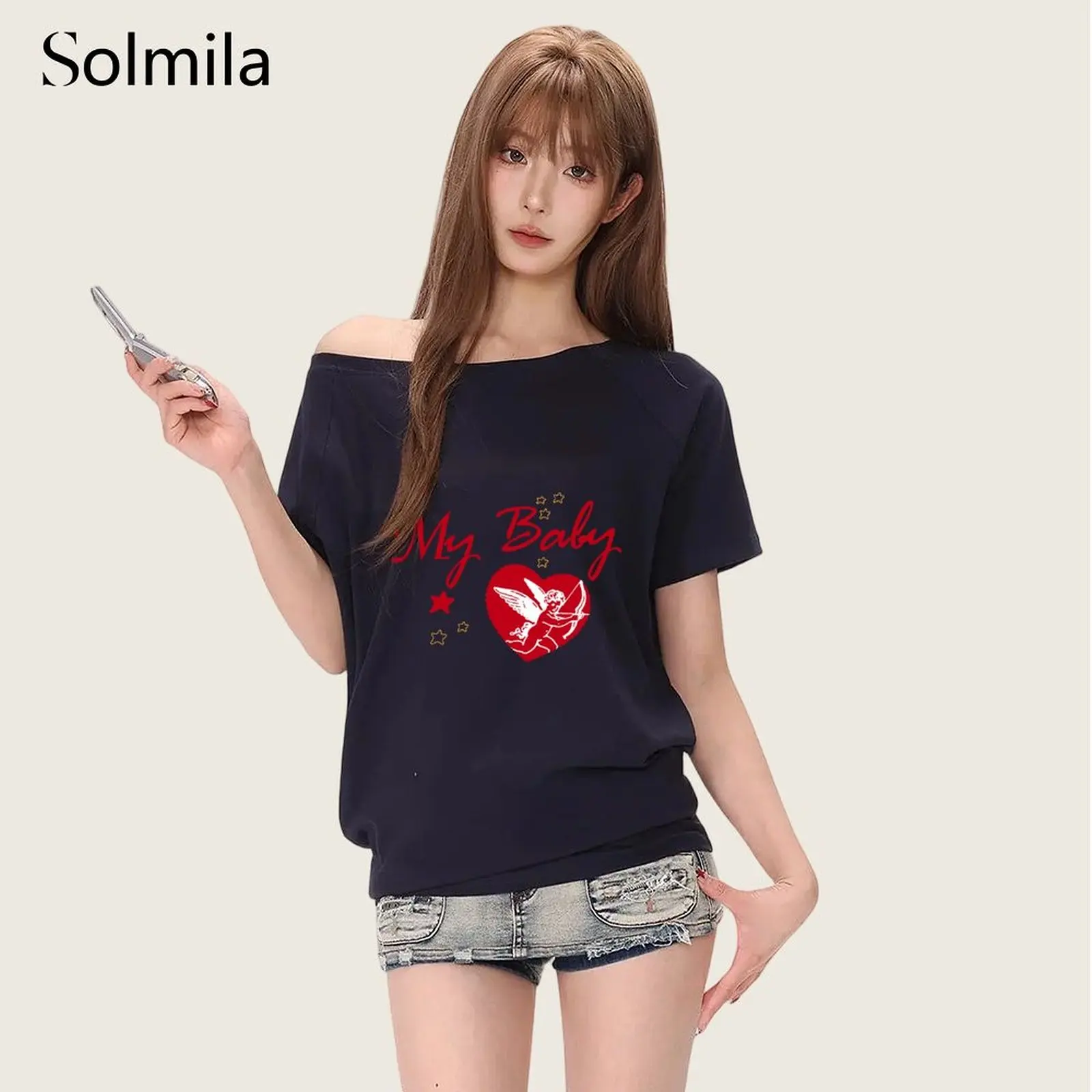 

Short Sleeve Fashion Casual Summer Tops Cotton Spandex Fabric Regular Clothing Length Slight Stretch Design Black