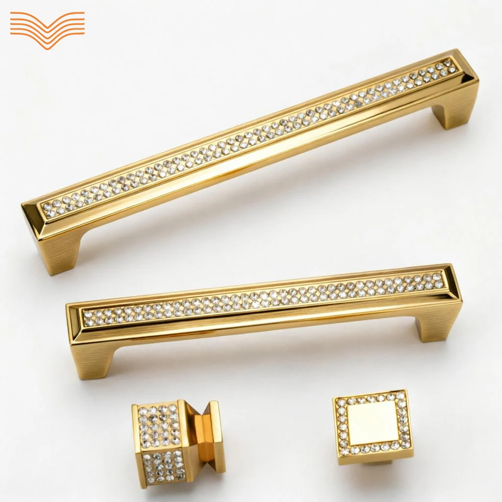 French Gold Crystal Cabinet Pulls Full Rhinestone Diamond Wardrobe Handles Square Single Hole Knobs Cupboard Drawer Wine Cabinet