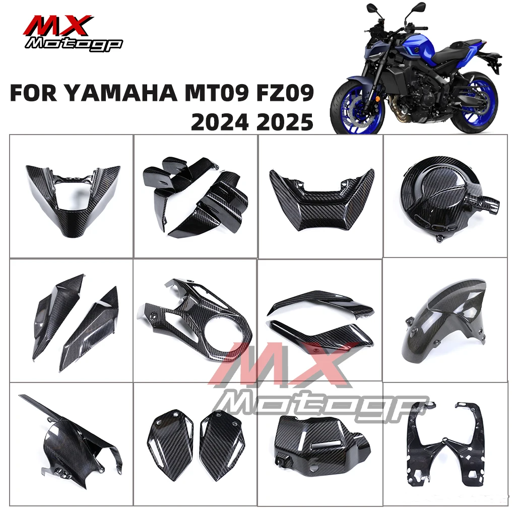 Für YAMAHA MT09 MT-09 FZ09 2024 2025 Carbon-Faser Vorderer Kotflügel Seitenverkleidungen Rahmenabdeckungen Motorrad-Verkleidungssätze Ketten-Tank-Schutz