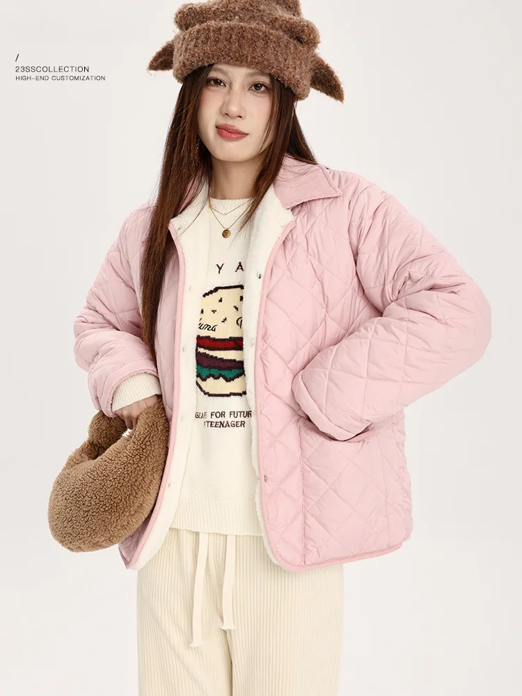 

Pink Rhombus Cotton Jaet Women's Double-sided Wearable Flip Collar Slimming Cotton Coat Outerwear Yang PaoPao Korean Sle