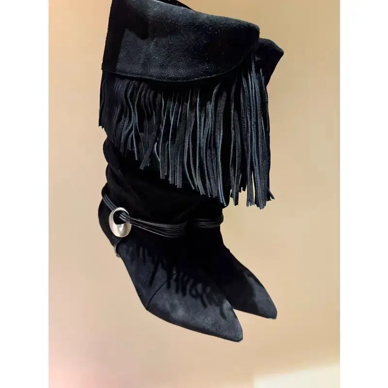 Tassel Straps Pointed Toe Mid-Calf Metal Decoration Women Boots Round Middle Heels Slip On Design Large Size Fashion Shoes