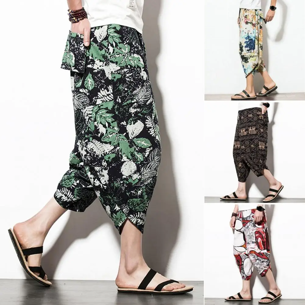 

Men Summer Pants Stylish Men's Printed Cropped Pants with Elastic Waist Thin Pockets Mid-calf Length for Casual Vacation Work