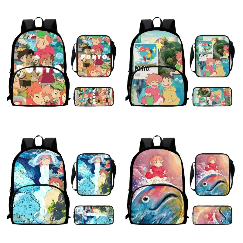 Anime Ponyo Child School Bags with Front Pocket,Shoulder Bags,Pencil Bags for Aged 5-10 Anime Ponyo School Backpack Boys Girls