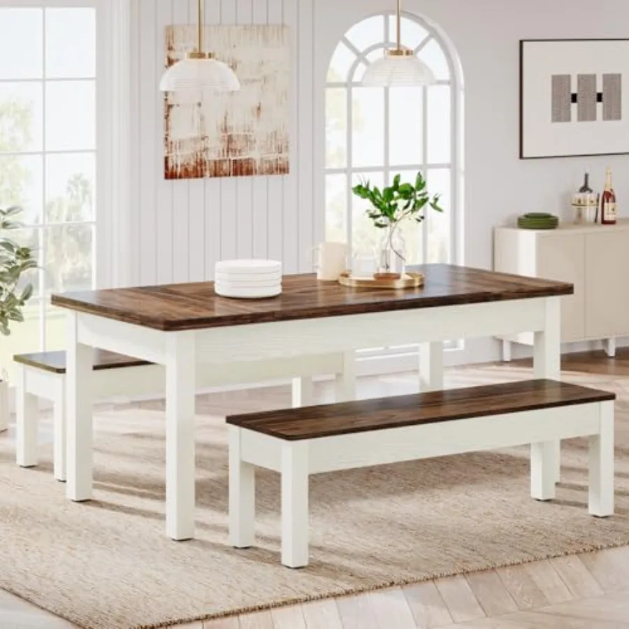 Farmhouse Kitchen Table Set for 4-6, 55-Inch Wooden Dining Table with 2 Benches, Space Saving 3 Pieces Heavy Duty Dinette for D