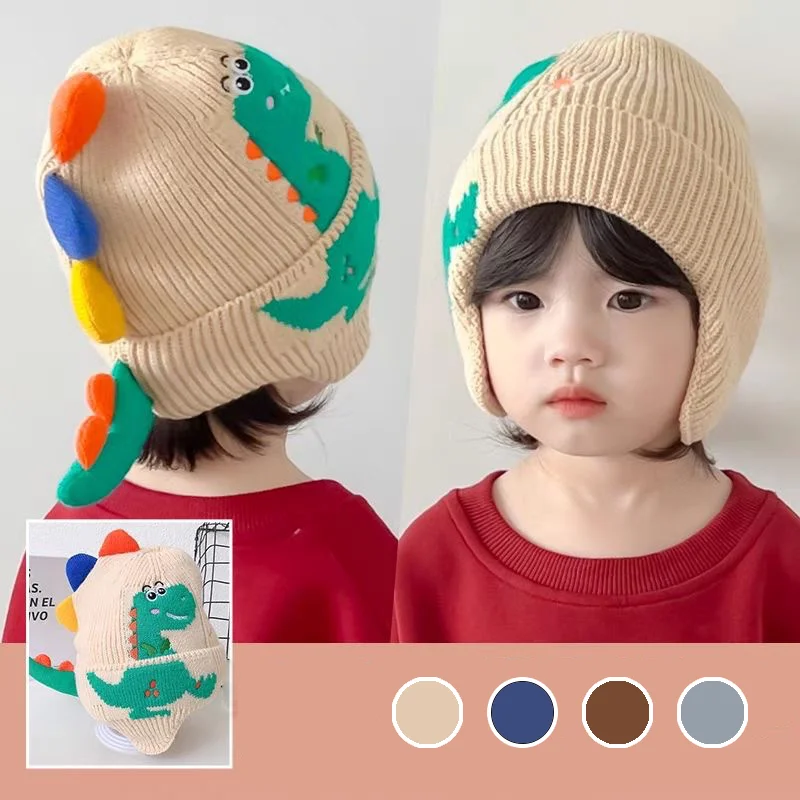 

Cartoon Dinosaur Kids Earmuffs Hat Winter Warm Knitted Beanie Cap for Boy Girl Cute 3D Solid Color Toddler Ear Protection Caps