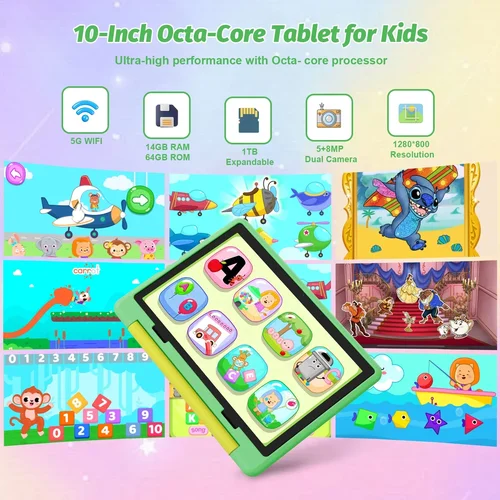 Imagen 2 del producto Tableta para niños de 10 pulgadas Android 15 Octa Core 14GB RAM 64GB ROM 128GB ampliable 5000mAh WiFi Bluetooth regalo para niños Software para niños