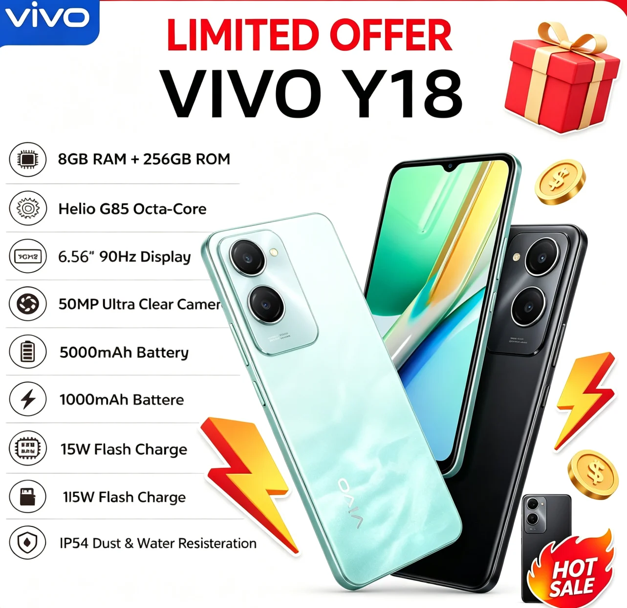 Hot Sale 2026 VIVO Y18 Global Unlocked Smartphone 8+256GB Large Storage 90Hz Smooth Fluid Screen 5000mAh Long‑Lasting Battery