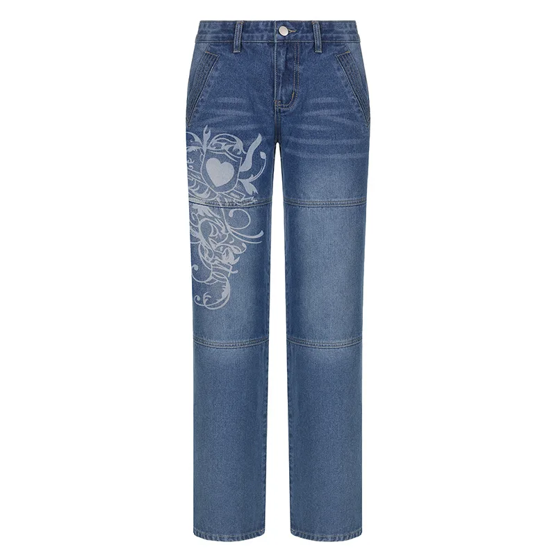 Imagem -04 - Jeans Solto Casual Feminino com Bolsos de Botões Calça Reta Algodão Combina com Tudo Rua Alta Impressão de Moda Novo Primavera Outono