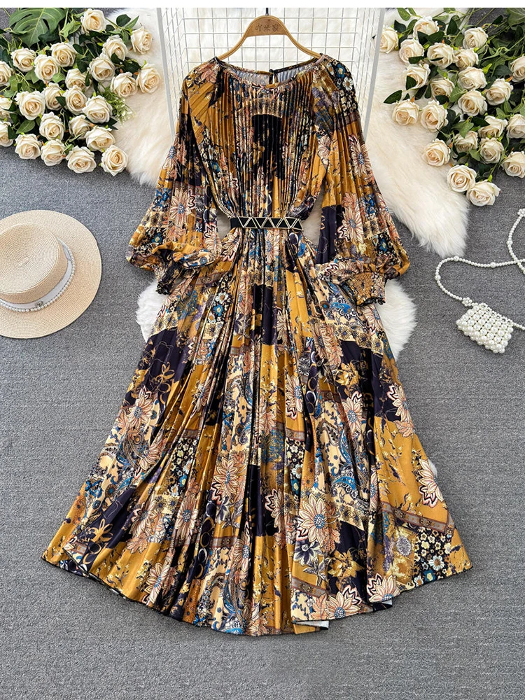 Women's Spring Autumn Light Mature Style Retro Ruffled Long Sleeves Round Neck Waist Shrinking Print A-Line Dress A90