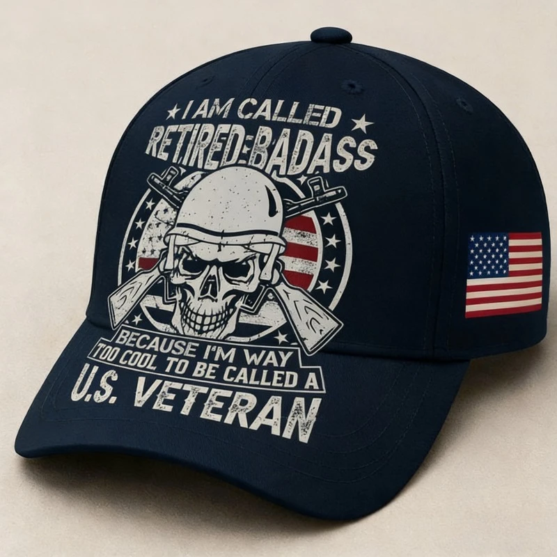 Retired Badass U.S. Dad Hat - Skull with Military And Crossed Rifles Emblem | 