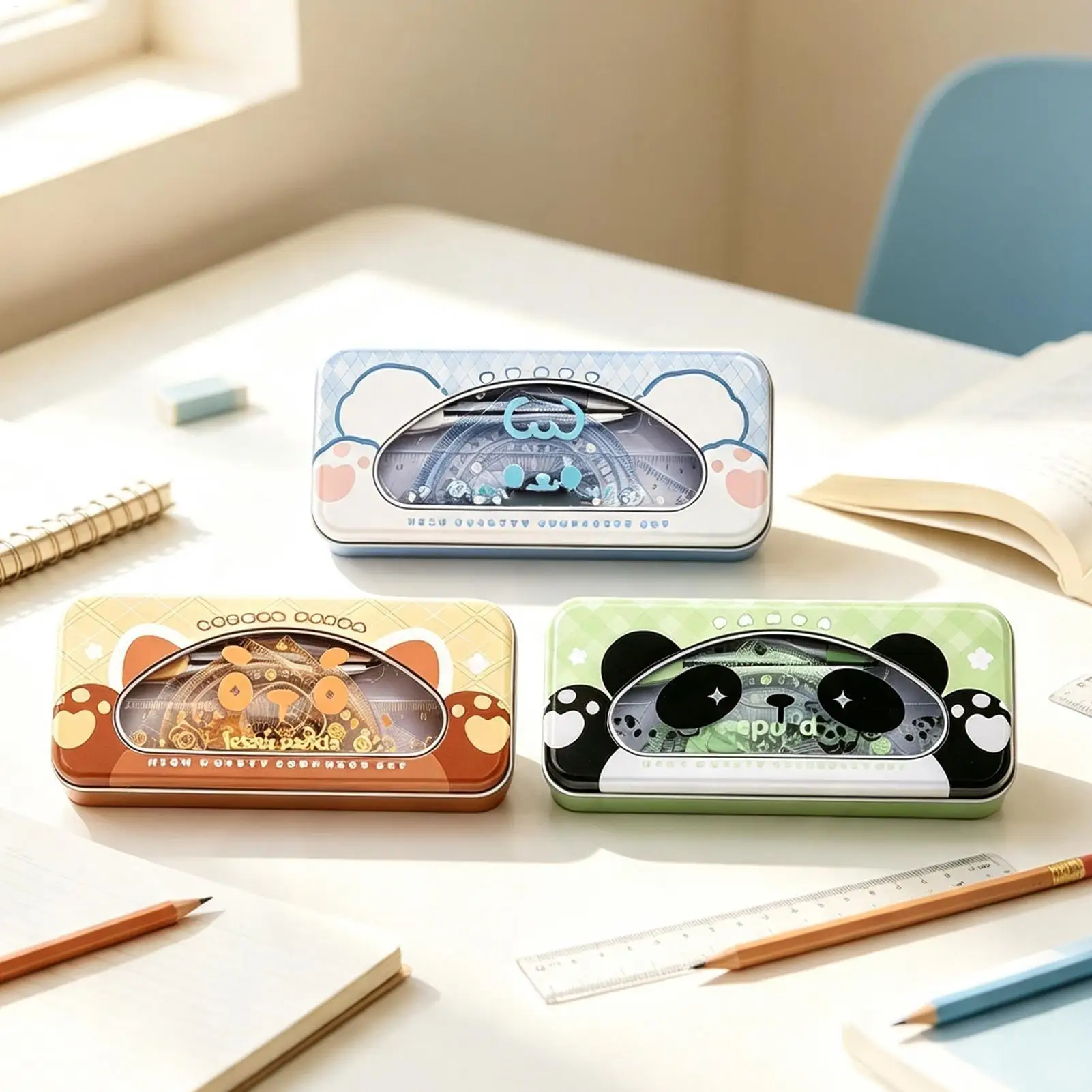 Geometry Set School 7 Pieces Protractor Eraser Ruler Metal Box for Drawing Drafting Classroom Test Students Kids Boys Girls