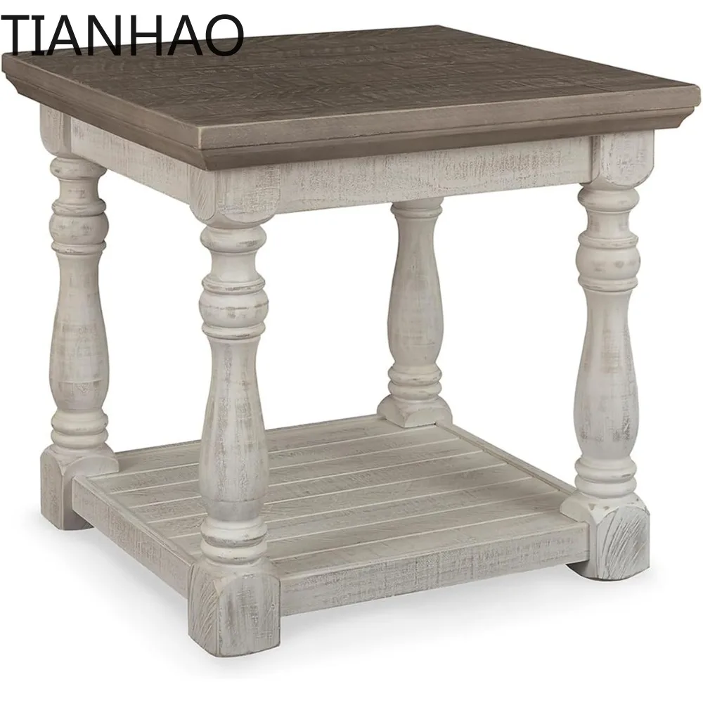 havalance farmhouse square end table with floor shelf, vintage gray & white with weathered finish
