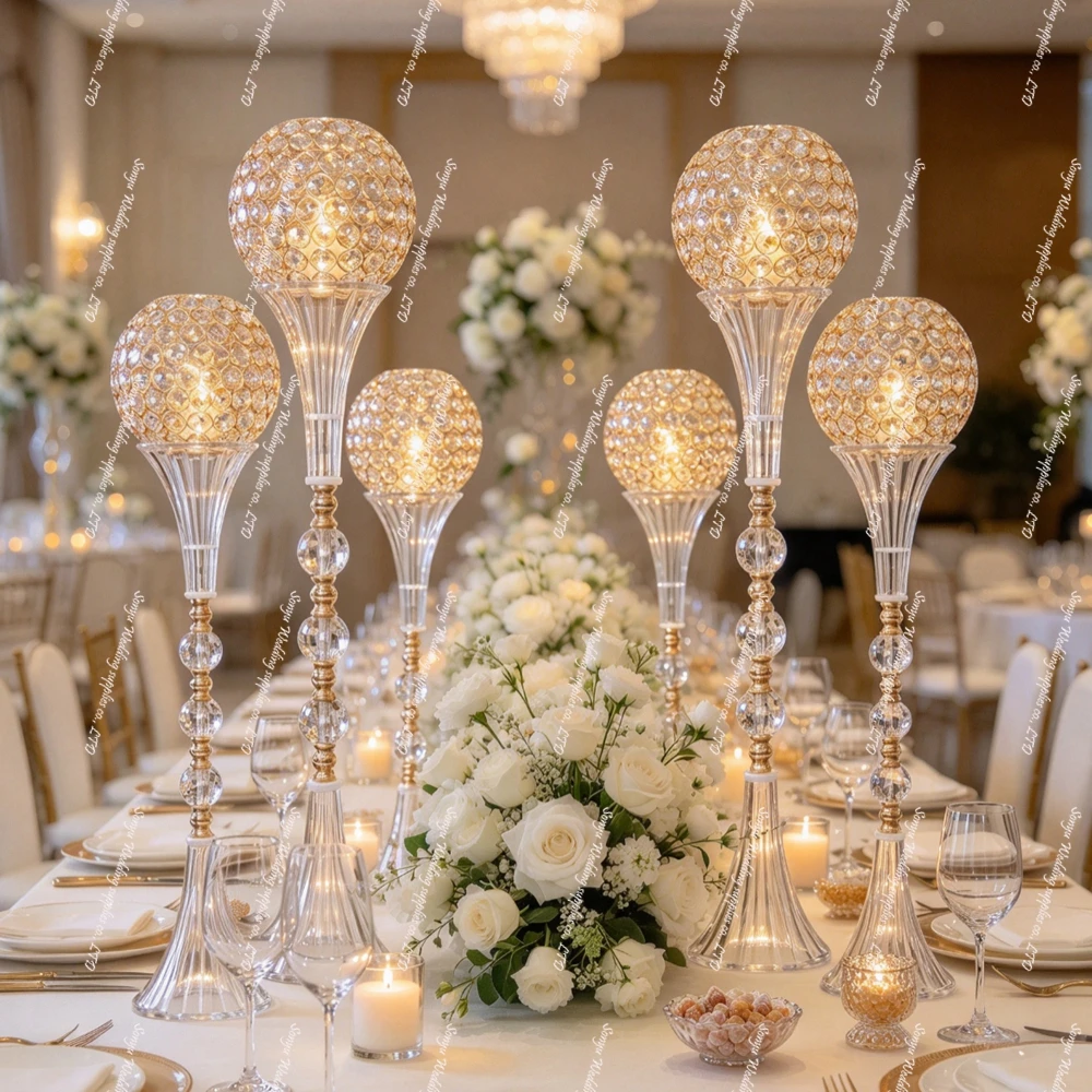 6-10pcs Tall Crystal candleholder Candelabra for Wedding, acrylic Flower Stand, candlestick Centerpiece Decoration,