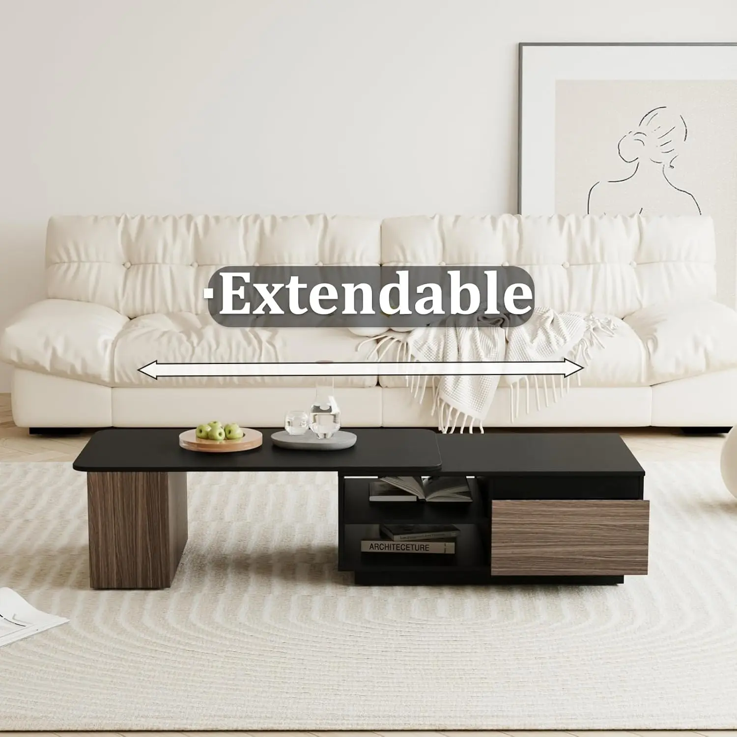 Extendable Coffee Table 48-66'' Rectangle With Drawers Storage Shelf Adjustable Coffee Table (Black/Walnut)
