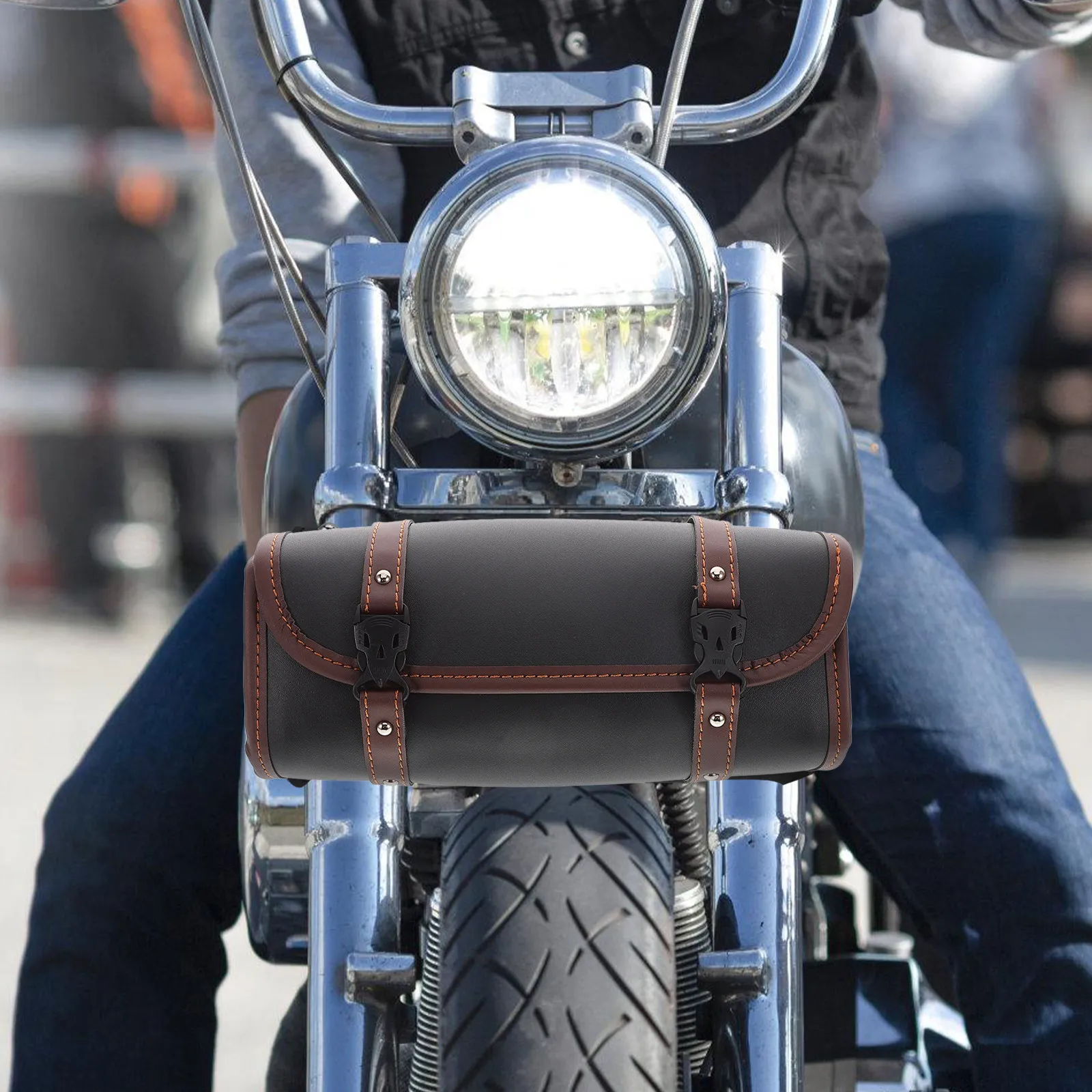 

Motorcycle Saddle Bag Faux Retro Design Spacious Tool Storage Fork Mount Front Handlebar Bag for Motorcycle Riding