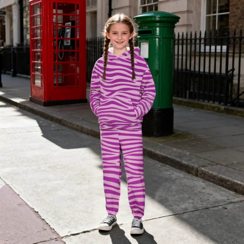 2026 Kids' Purple Striped Printed Hoodie and Jogger Set - A Trendy Choice for Fashion-Forward Children