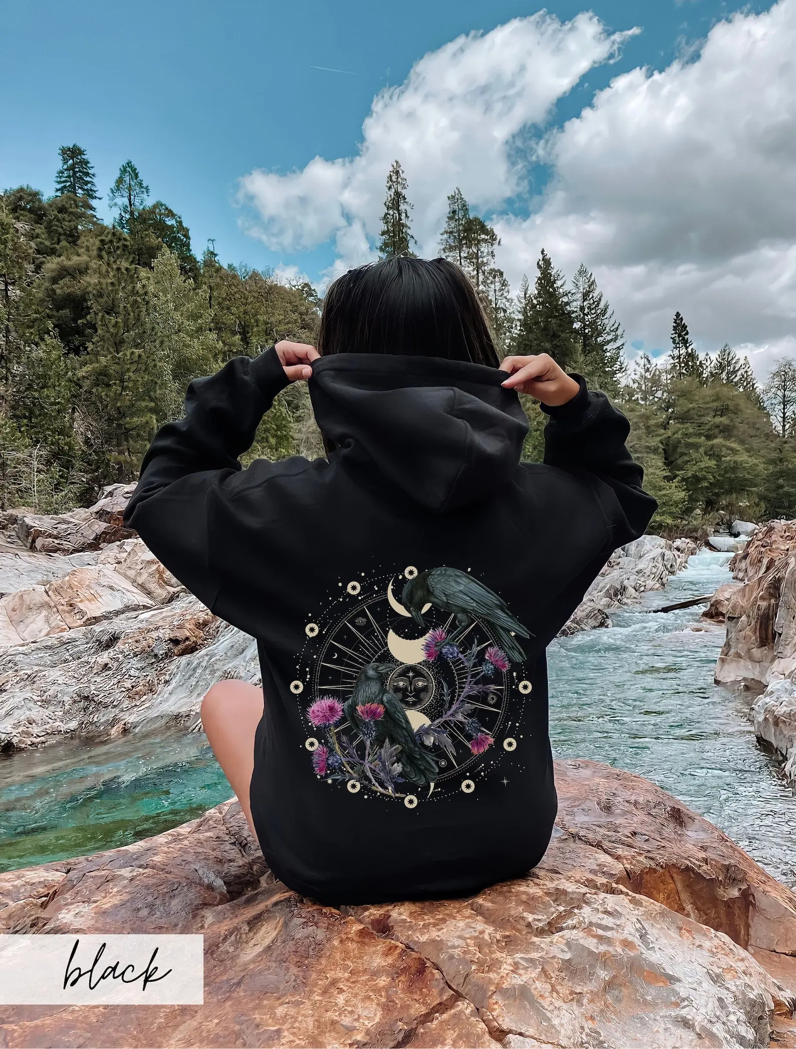 Unisex Y2K Loose Dark Academia Pullovers Vintage Celestial Ravens and Thistles Hooded Sweater Moon Phase Whimsigoth Crow Hoodie