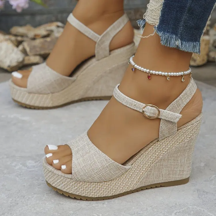 Damen-Sandalen Modische Keilabsatz-Schuhe Sommer-Plateau-Sandalen mit Hohem Absatz und Schnalle Sexy Bohemian-Stil Damenschuhe