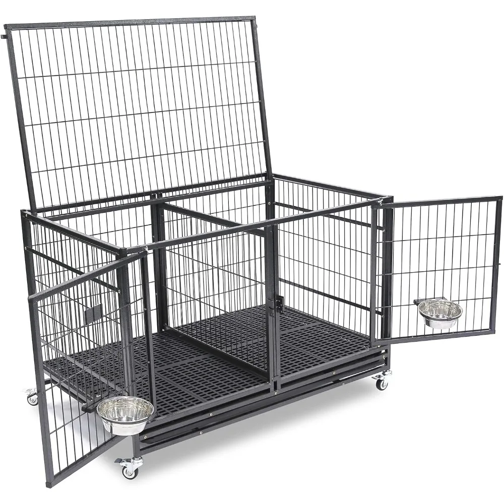 Dog cage.-43 Metal Open Top Stackable Heavy Duty Dog Cage w/Floor Grid, Tray, Divider, and Feeding Bowl43