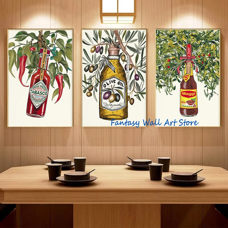 Especias, Chile, Tabasco, botella de aceite de oliva, especias, cocina, arte de cocina, póster, pintura en lienzo, imagen de pared, decoración del hogar y restaurante