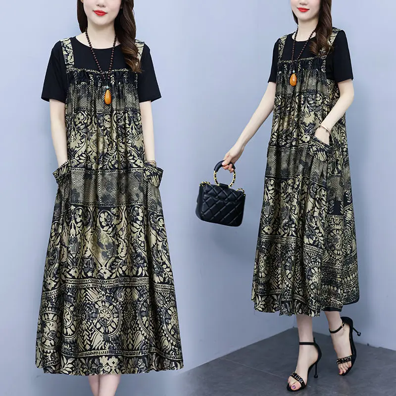 Mom's New Floral Bib Skirt 2024 Summer The Niche Loose Cover Meat Cover Belly Slim Skirt Female Korean Stitching A Word Skirt