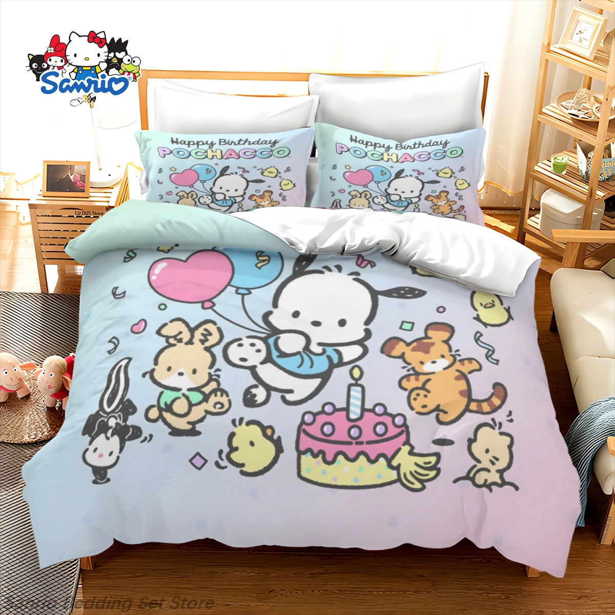 

Sanrio Pochacco Bedding Set Kawaii Anime Dog Duvet Cover with 2 Pillowcases for Girls Kids Room Decor Birthday Gift Queen King