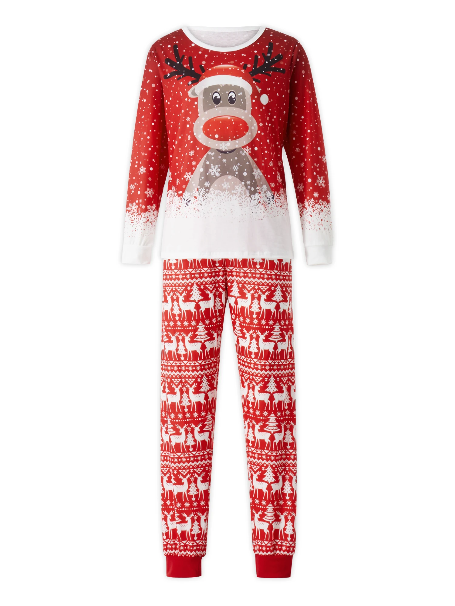 Matching Family Christmas Pajamas Outfit Long Sleeve Deer Snowflake Print Pullover Pants Set for Adult Kids