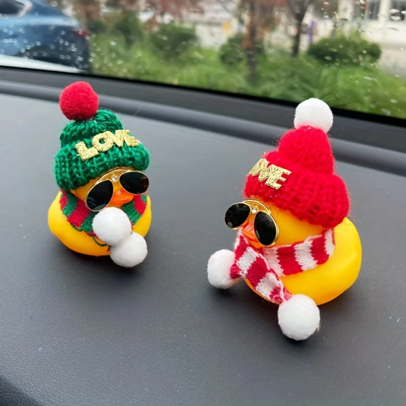 2PCS Cute Yellow Duck Car Ornaments, Car Decorations, Holiday Gifts Wearing Red and Green Christmas Hats and Scarves