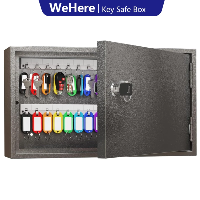 

WeHere Key Lock Box for 60 Keys,Wall Mount Key Cabinet with Color Key Tags,Steel Key Storage Box with Lock,Property Management
