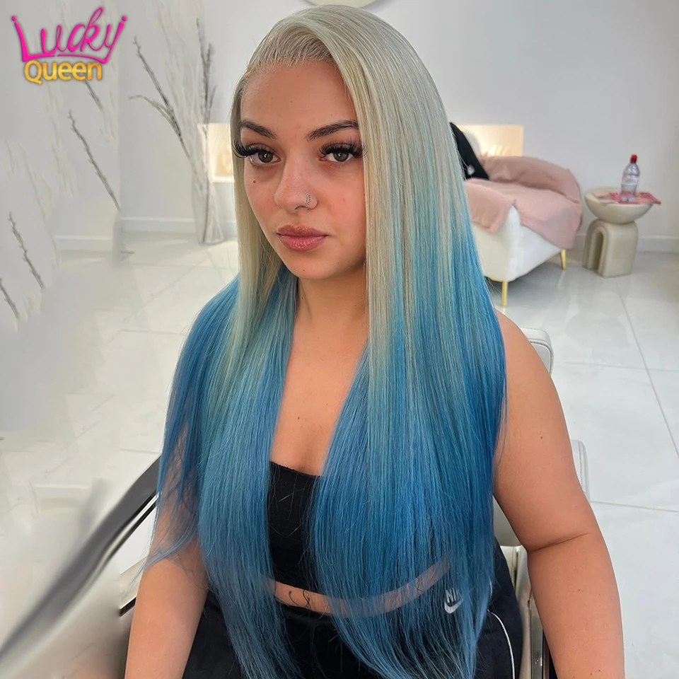 

Blonde Blue Ombre Lace Front Wig Human Hair 13x4 Transparent Straight Lace Front Wigs 180% Density For Black Women Pre Plucked