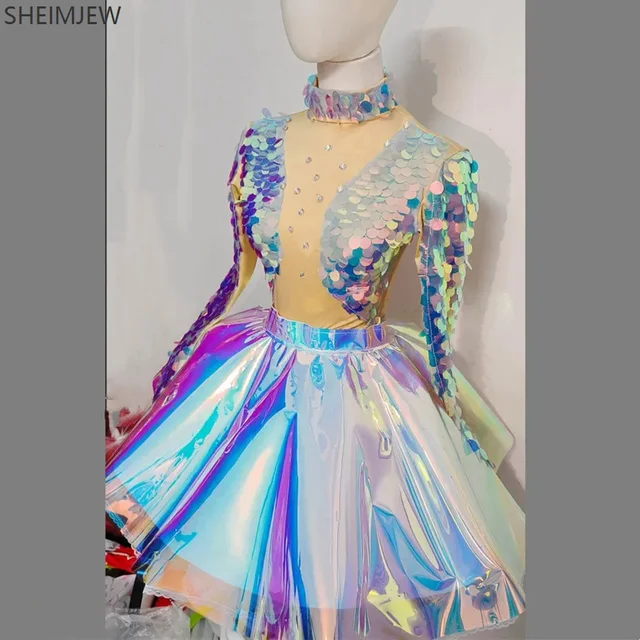 Kobiety Kolorowe Seksowne Cekiny Rybie Skala Bodysuit Flash Laser Dress Nightclub Ds Party Stage Outfit Kobieta Tancerka Dj Gogo Show Suit