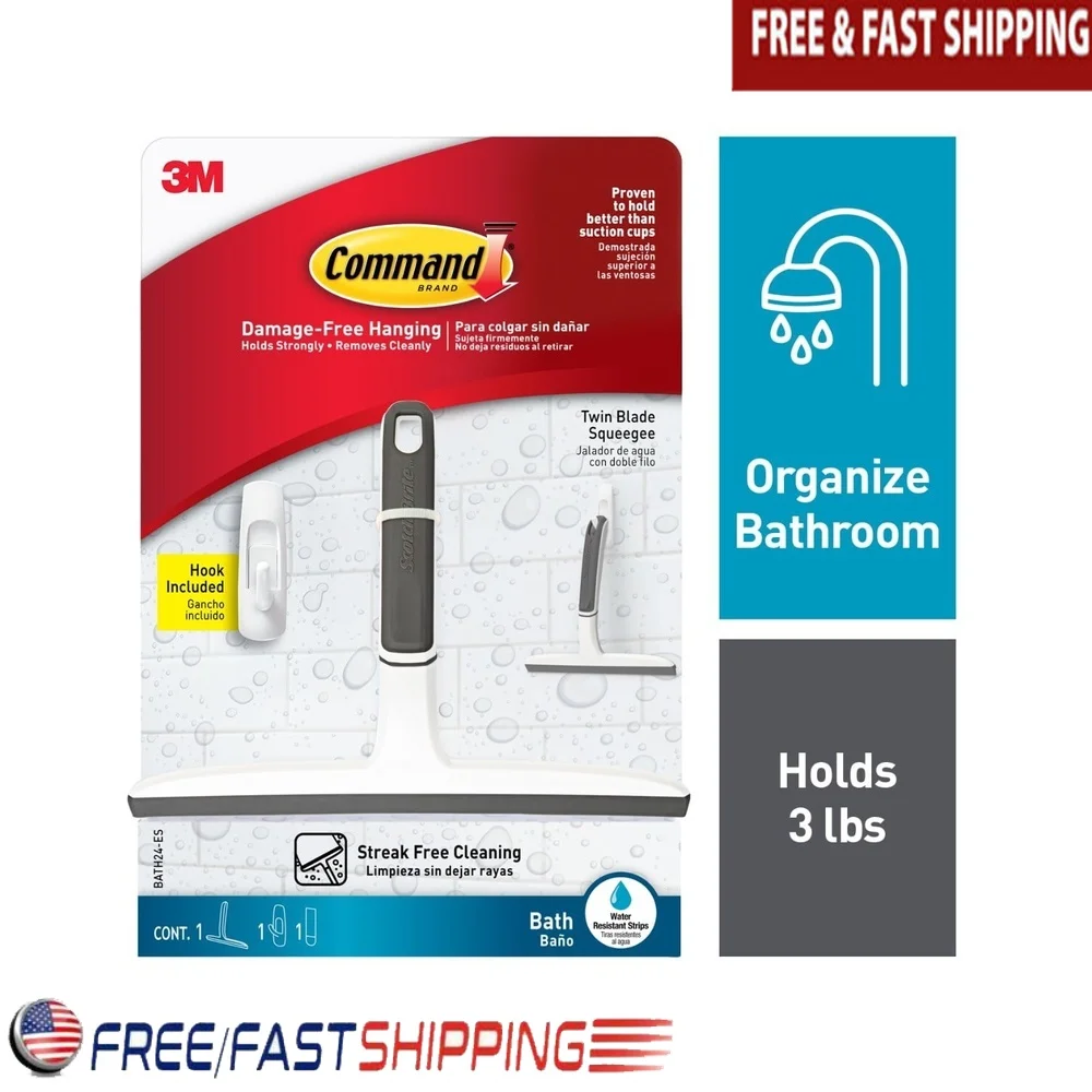 Twin Blade Squeegee with Bath Wall Hook Damage Free Adhesive Streak Free Cleaning 9 Inch Height Easy Installation Bathroom