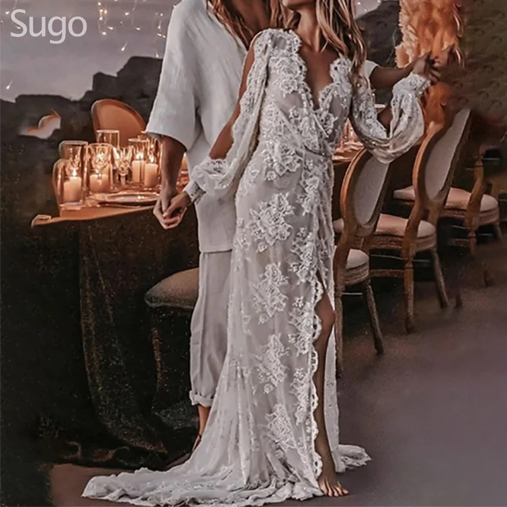 

Customized Bohemian Wedding Dresses Lace V-Neck 3D Printing Side Slit Wedding Gown Bridal Dress Long Sleeves Open Back 2026