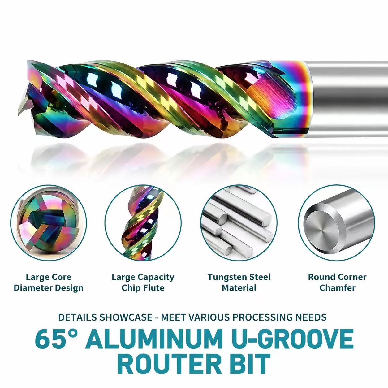Carbide 3-flute end mill with DLC coating features large U-shaped chip evacuation flutes and a thick core for high-efficiency a