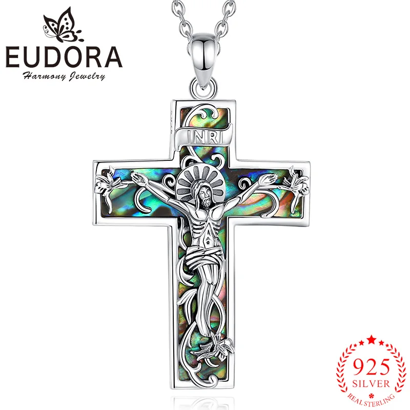 Eudora 925 Sterling Silver Jesus Crucifix Cross Necklace Abalone Shell Cross Amulet Pendant Christianity Jewelry for Men Women