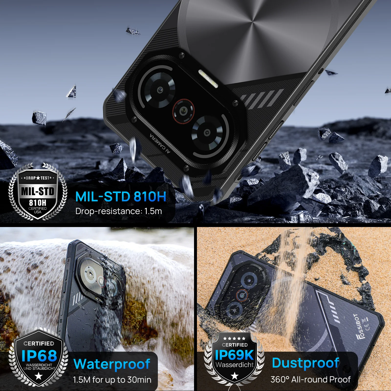 2025 New FOSSIBOT F114 Rugged Phone - Unisoc T615 4G, 16（4+12）GB+128GB, 50MP AI Cam, 5000mAh 18W, Android 15, IP68/IP69K