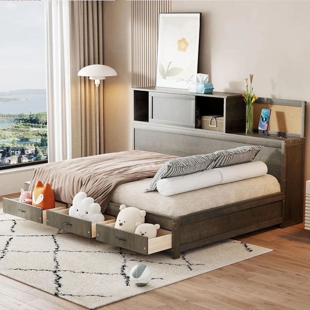 Full Size Wooden Daybed Frame With Storage Drawers Shelf USB Socket Custom Living Room Multi Function Sleeping Furniture