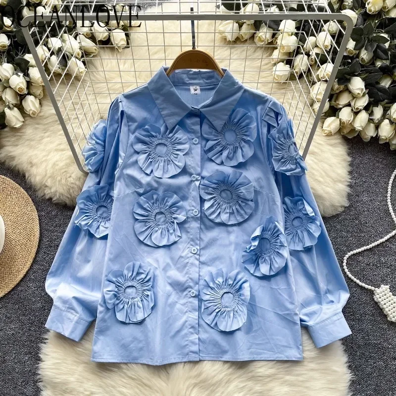 OCEANLOVE koszule i bluzki damskie topy 3D kwiaty Vintage wiosna jesień Blusas Mujer jednolita moda eleganckie słodkie szykowne Camisas