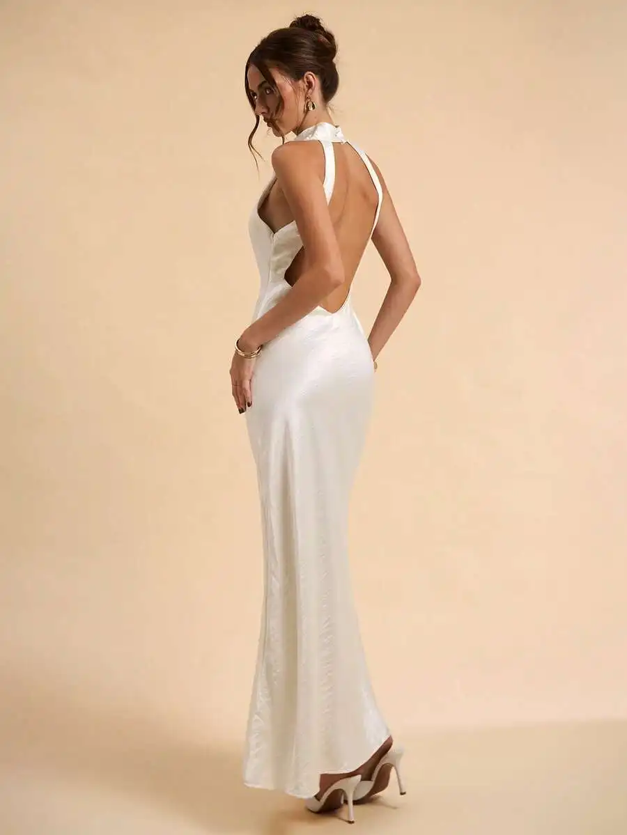 Elegant White Satin Backless Mermaid Evening Gown