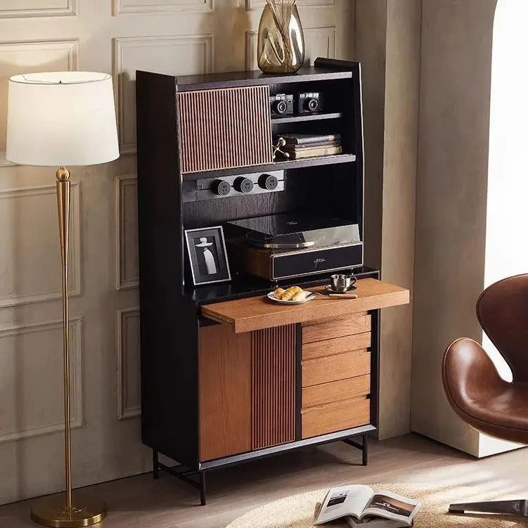 Retro solid wood dining side cabinet, medieval high cabinet, multi-functional integration, living room storage against the wall