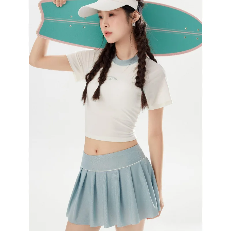 

Minsu 2025 New Pleated Two-Piece Skirt Swimsuit for Students Girls Short T Sports Skirt Summer Swimming Pool